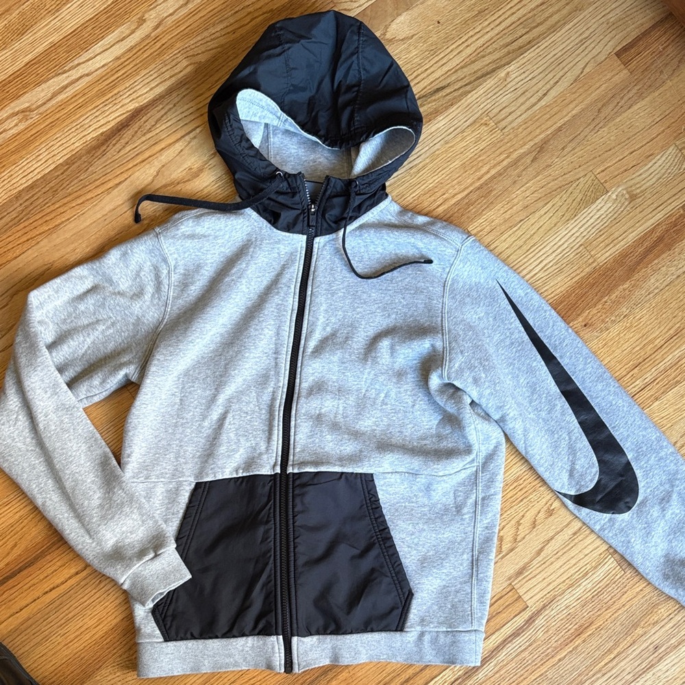 Nike medium Grey and Black Zip-Up Hoodie with Oversized Swoosh